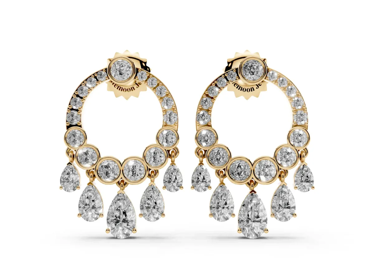 Round and Pear Diamond Dangle Earrings Yellow gold