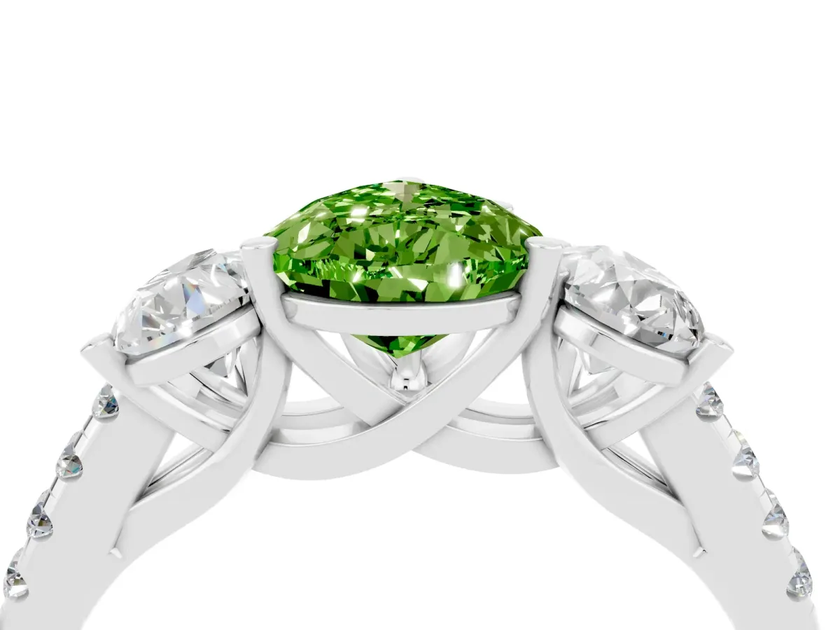 Three-Stone Pear Cut Peridot Ring with Round Pavé Band and Prong Setting Silver