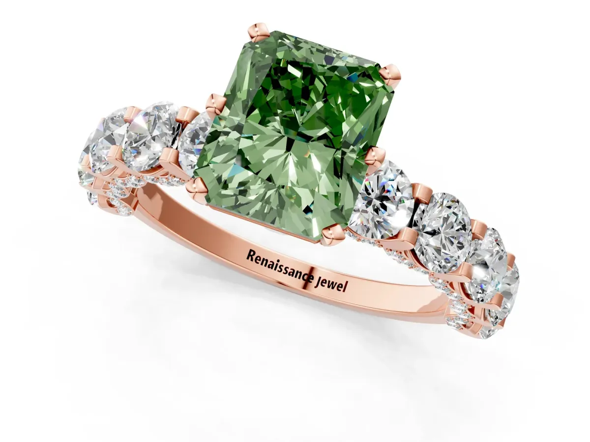 Fancy Green Radiant Cut Diamond Side Stone Engagement Ring with Four-Prong Setting Rose gold