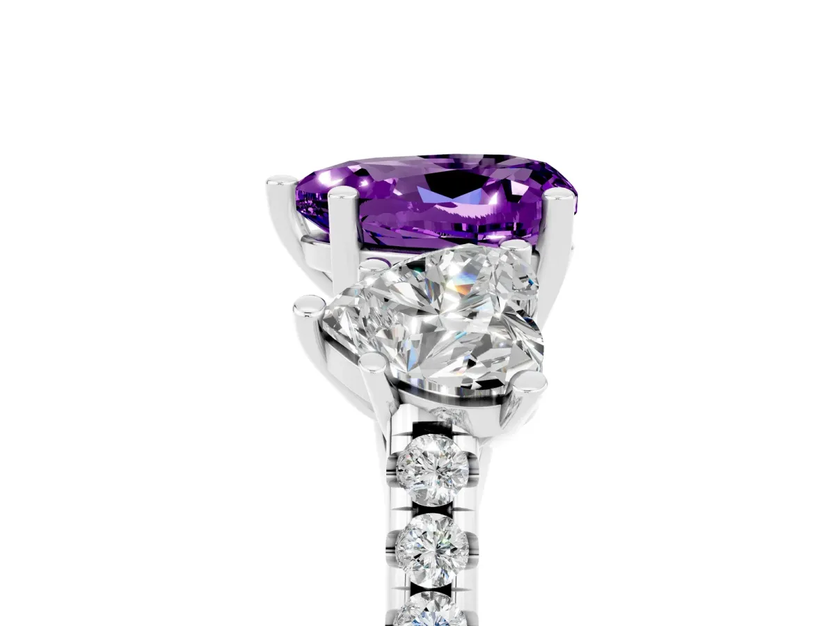 Three-Stone Heart Cut Amethyst Ring with Round Pavé Band and Prong Setting Silver
