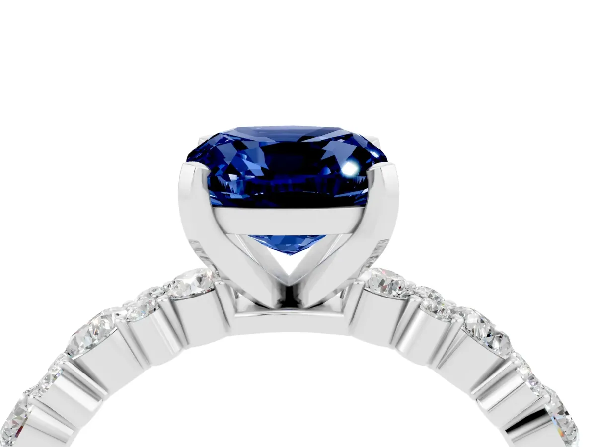 Cushion Cut Blue Sapphire Side Stone Solitaire Ring with Round and Four-Prong Setting Silver