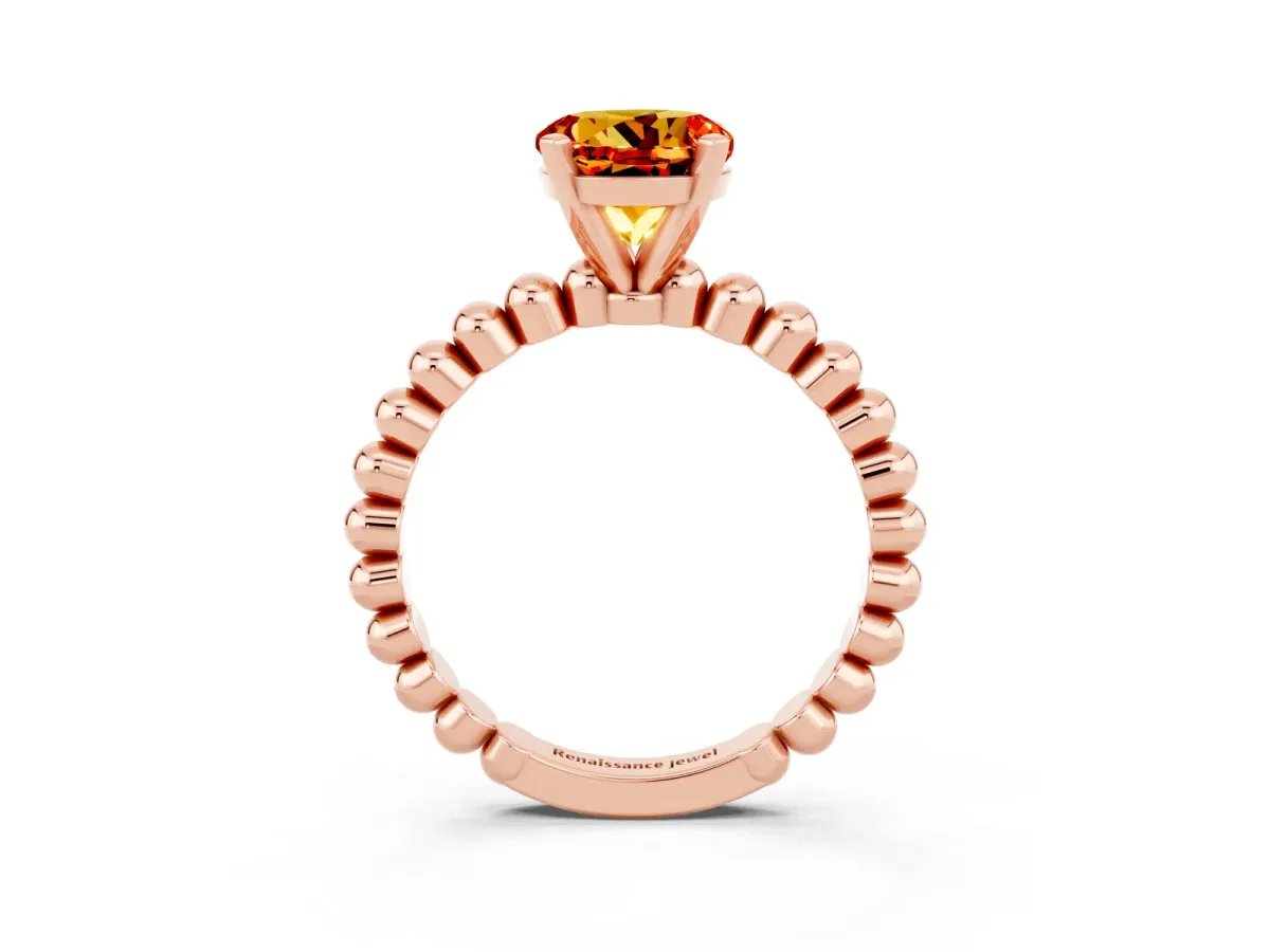 Round Cut Citrine Solitaire Ring with Beaded Band and Prong Setting Rose gold