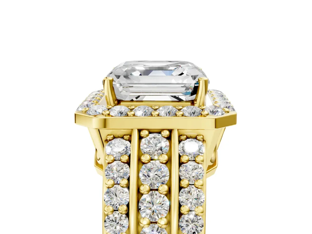 Asscher Cut Halo Diamond Ring with Round Split Shank and Prong Setting Yellow gold