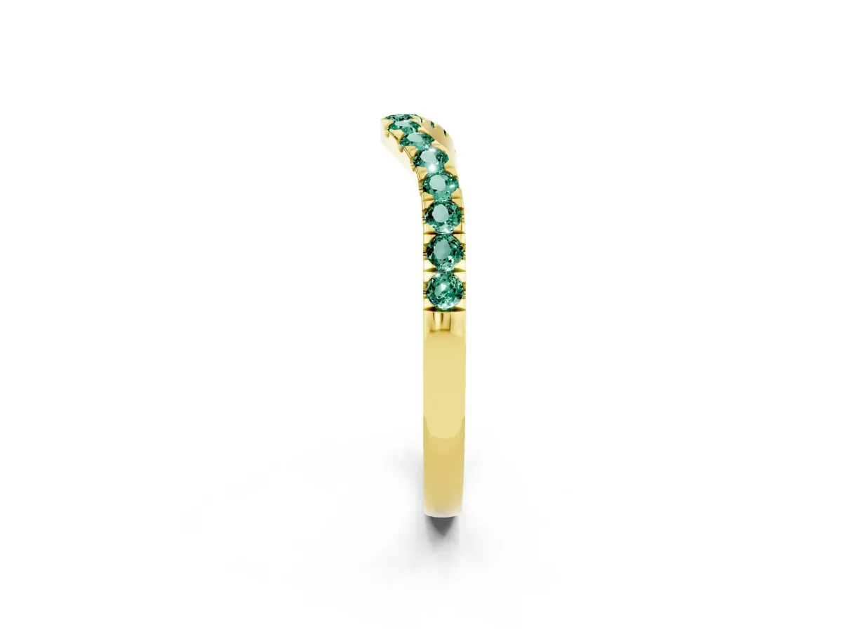 Curved Pavé Round Green Sapphire Wedding Band with Shared Prong Setting Yellow gold
