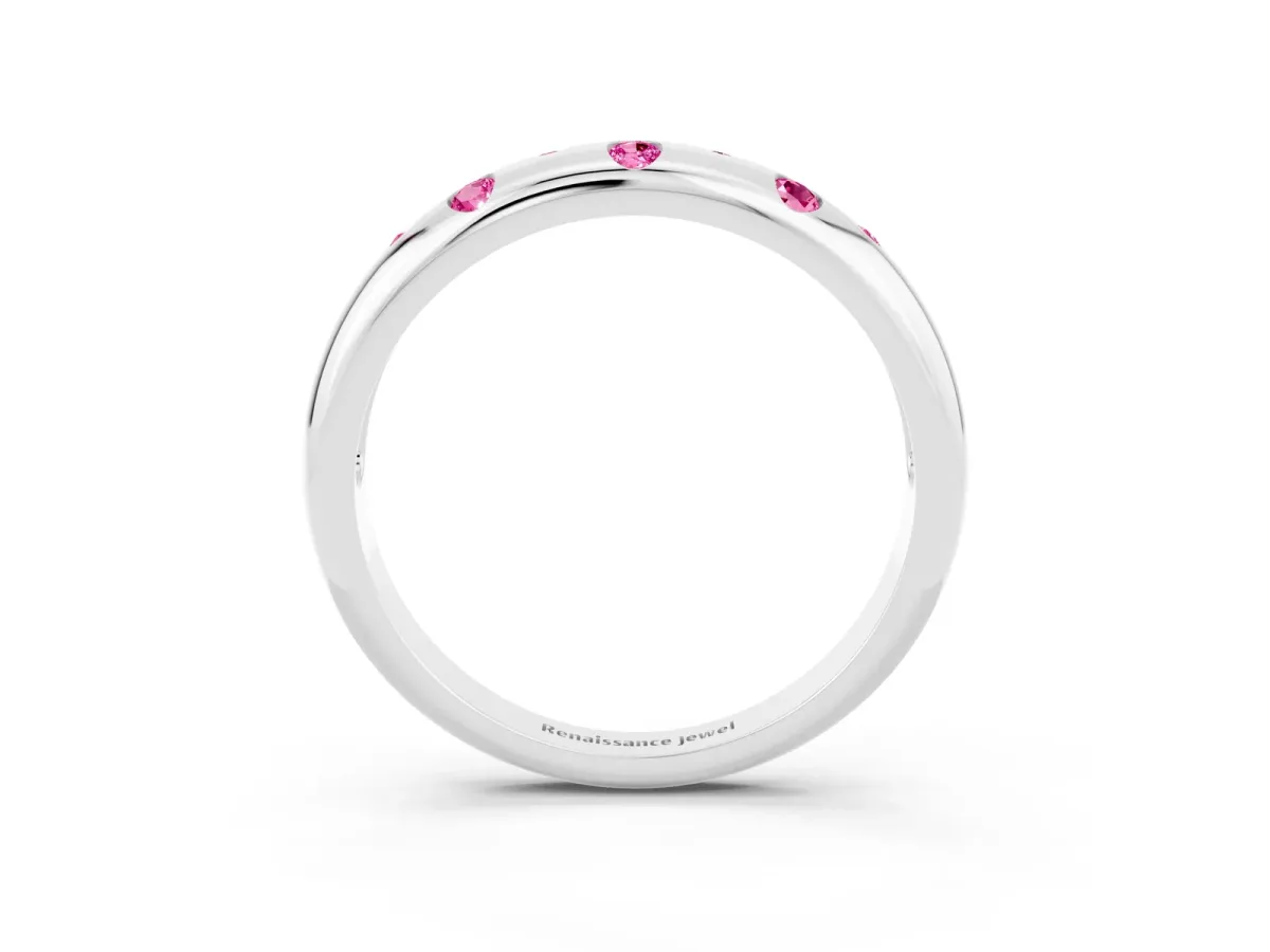 Round Pink Sapphire Flush-Set Comfort Fit Band Silver