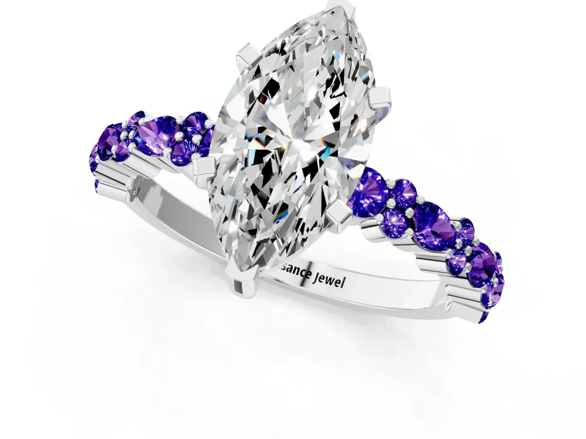 Marquise Cut Diamond Side Stone Solitaire Ring with Round Tanzanite and Four-Prong Setting Silver