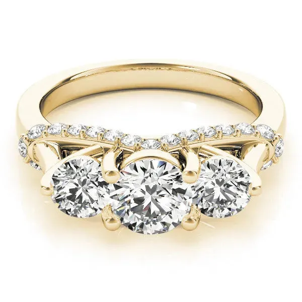 Round Cut Diamond Three-Stone Ring with Prong Setting and Pavé Band Yellow gold
