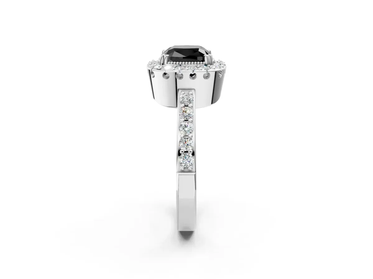 Fancy Black Cushion Cut Diamond Halo Ring with Pavé Band and Prong Setting Silver