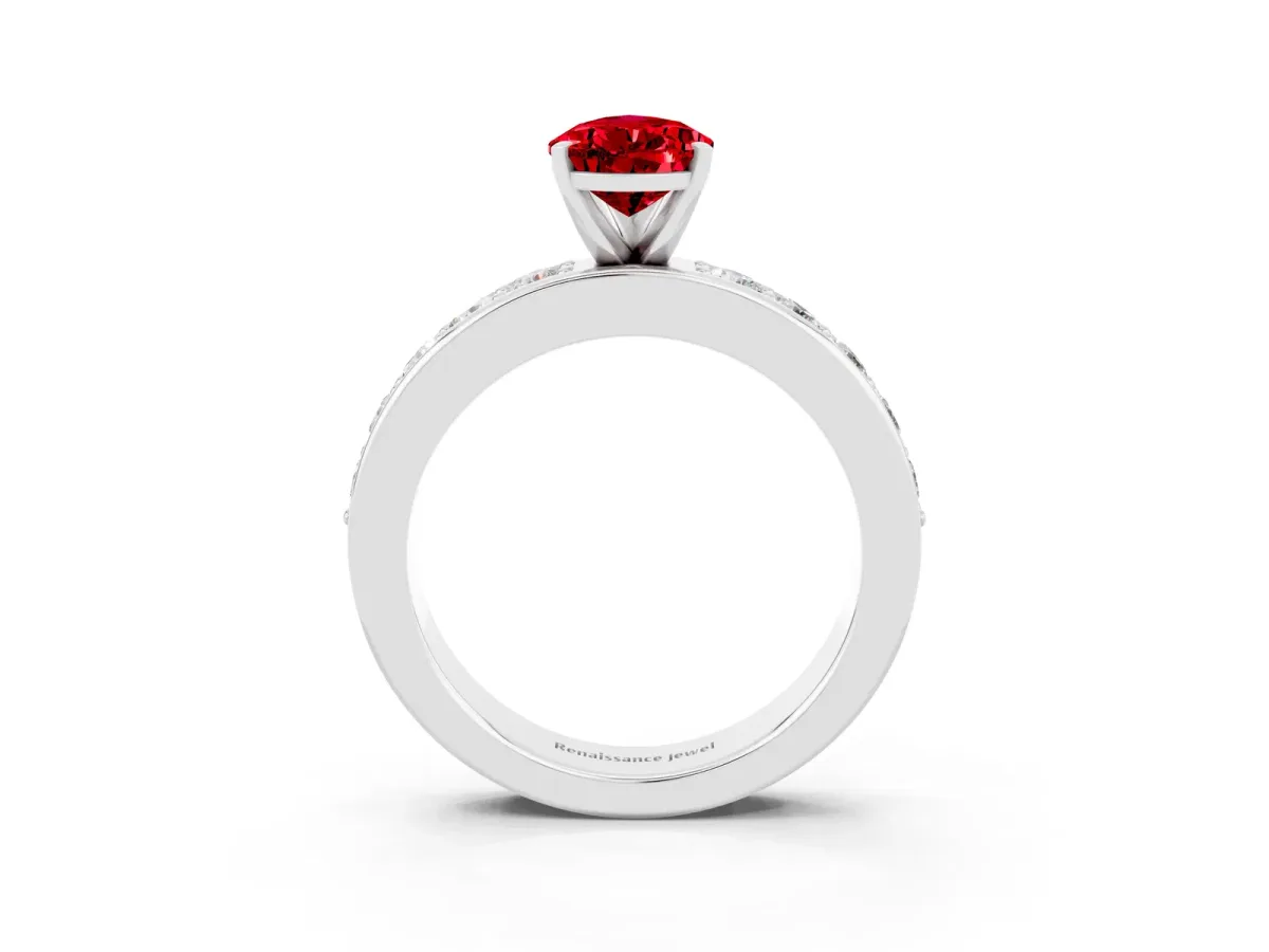 Pear Cut Ruby Engagement Ring with Channel Set Round Band and Prong Setting White gold