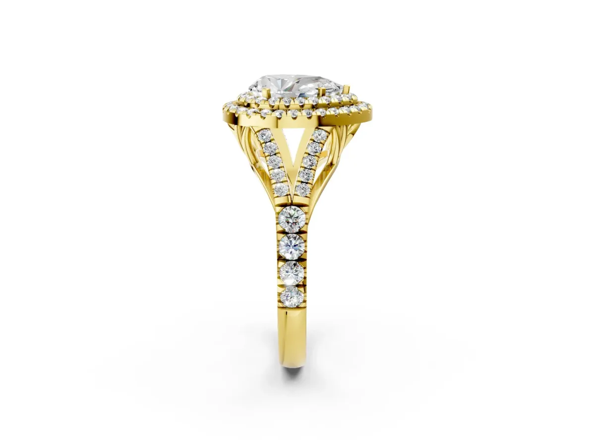 Pear Cut Diamond Double Halo Ring with Split Shank and Prong Setting Yellow gold