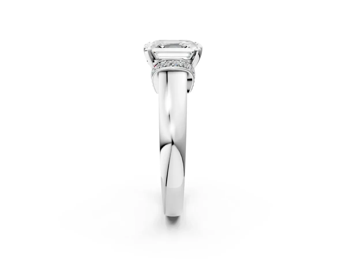 Asscher Cut Solitaire Diamond Ring with Pave Band and Six-Prong Setting White gold