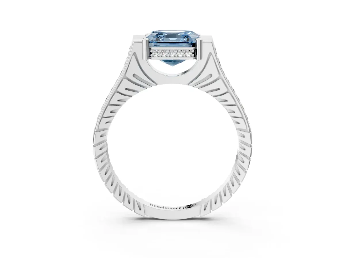 Fancy Blue Asscher Cut Solitaire Diamond Ring with Channel Set Band and Bezel Prong Setting Platinum