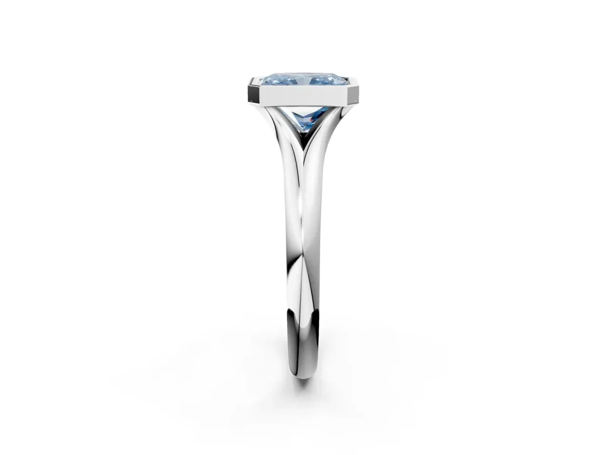 Fancy Blue Bezel Set Radiant Cut Solitaire Diamond Ring with Smooth Band Platinum