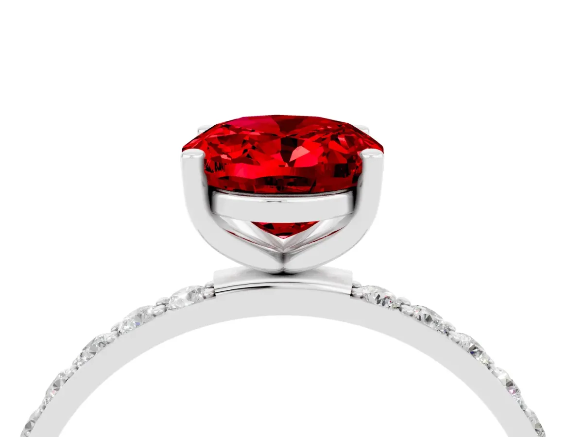 Oval Cut Ruby Solitaire Ring with Round Pavé Band and Prong Setting Platinum