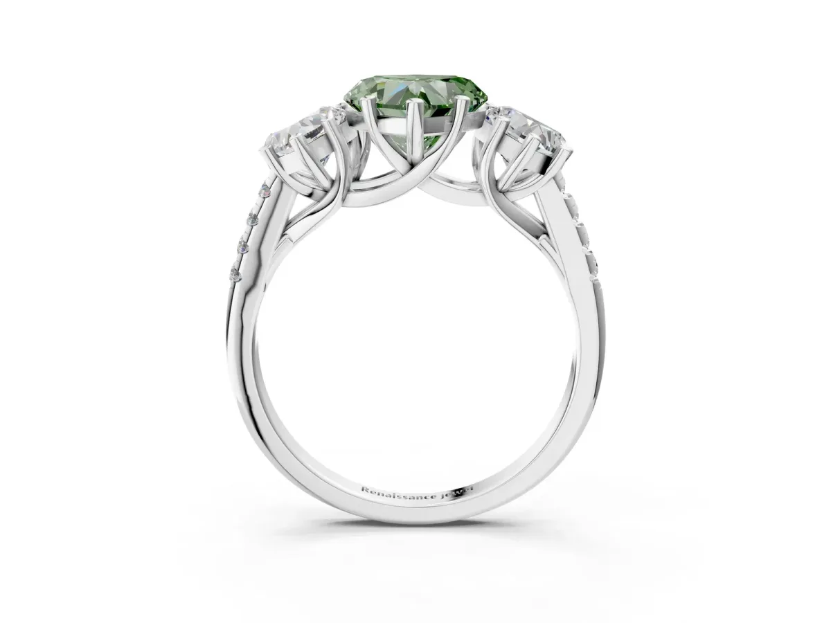 Fancy Green Three-Stone Heart Cut Diamond Ring with Round Pavé Band and Prong Setting Silver