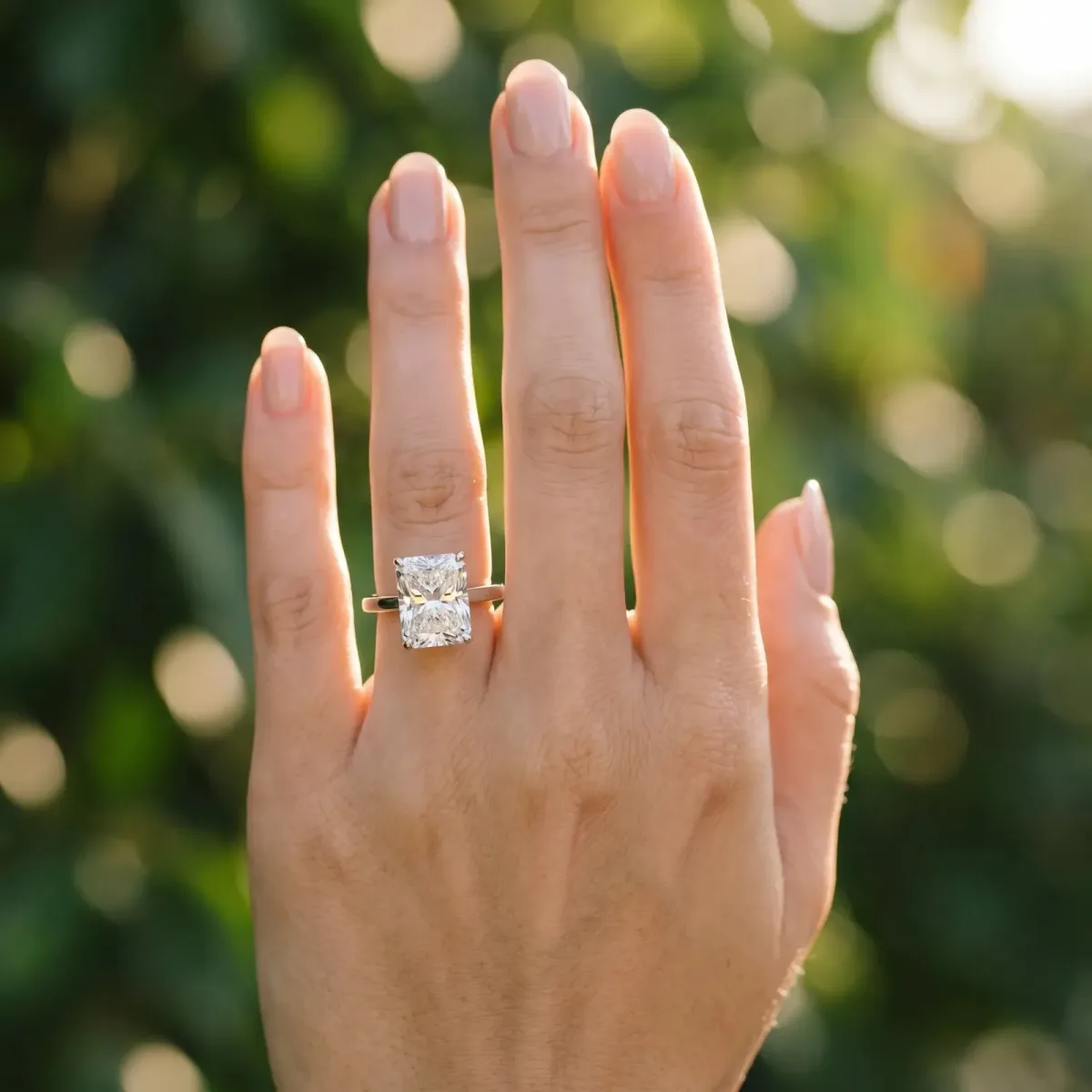 Radiant Cut Cut Solitaire Engagement Ring with Four-Prong Setting on a Classic Band Platinum