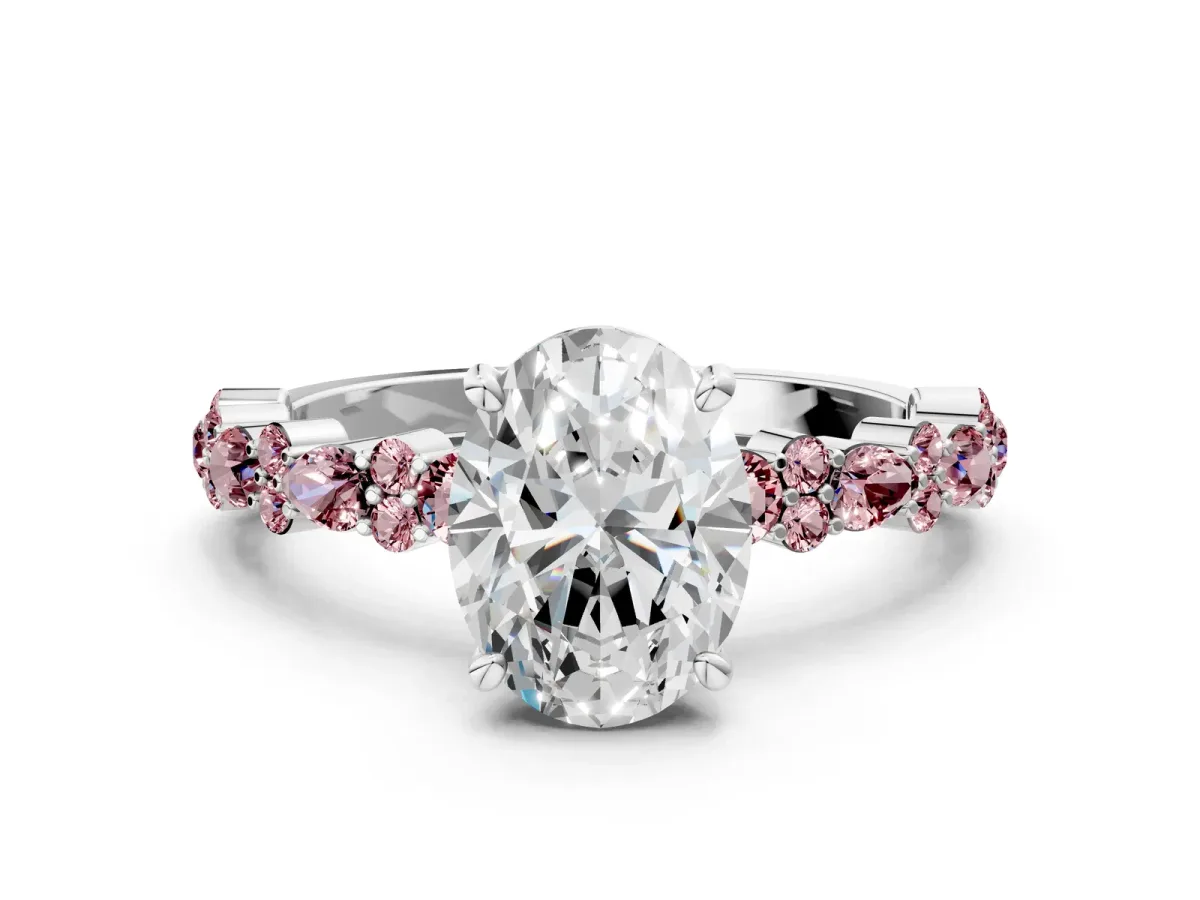 Oval Cut Diamond Side Stone Solitaire Ring with Round Morganite and Four-Prong Setting Platinum