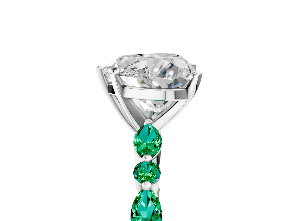 Heart Cut Diamond Ring with Marquise and Round Emerald Side Stones and Four-Prong Setting Silver