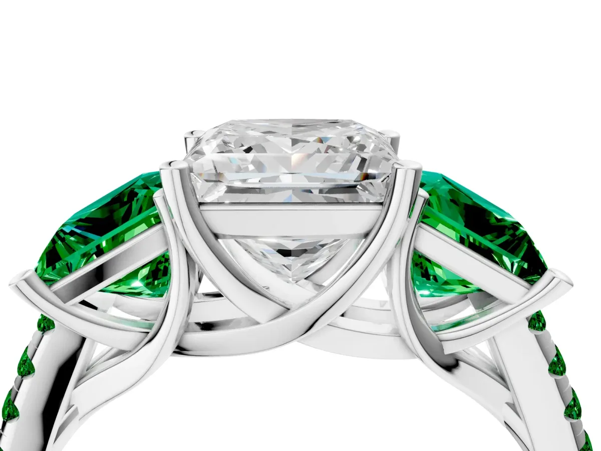 Three-Stone Princess Cut Diamond Ring with Round Emerald Pavé Band and Prong Setting Silver