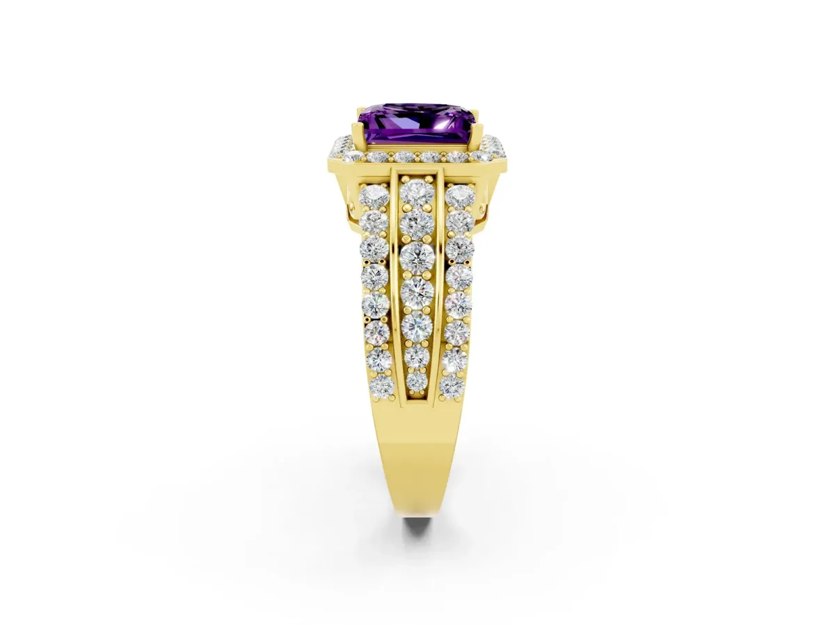 Princess Cut Halo Amethyst Ring with Round Split Shank and Prong Setting Yellow gold