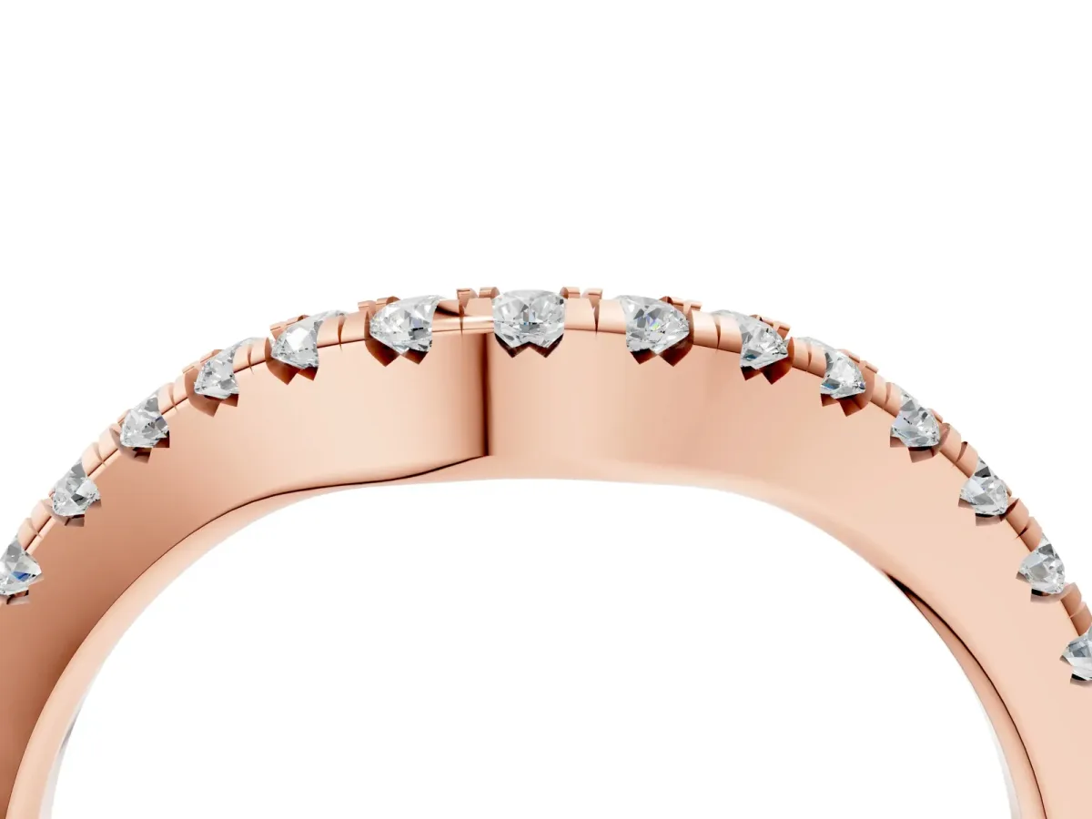 Curved Round Diamond Wedding Band with Pavé Setting and Shared Prong Rose gold