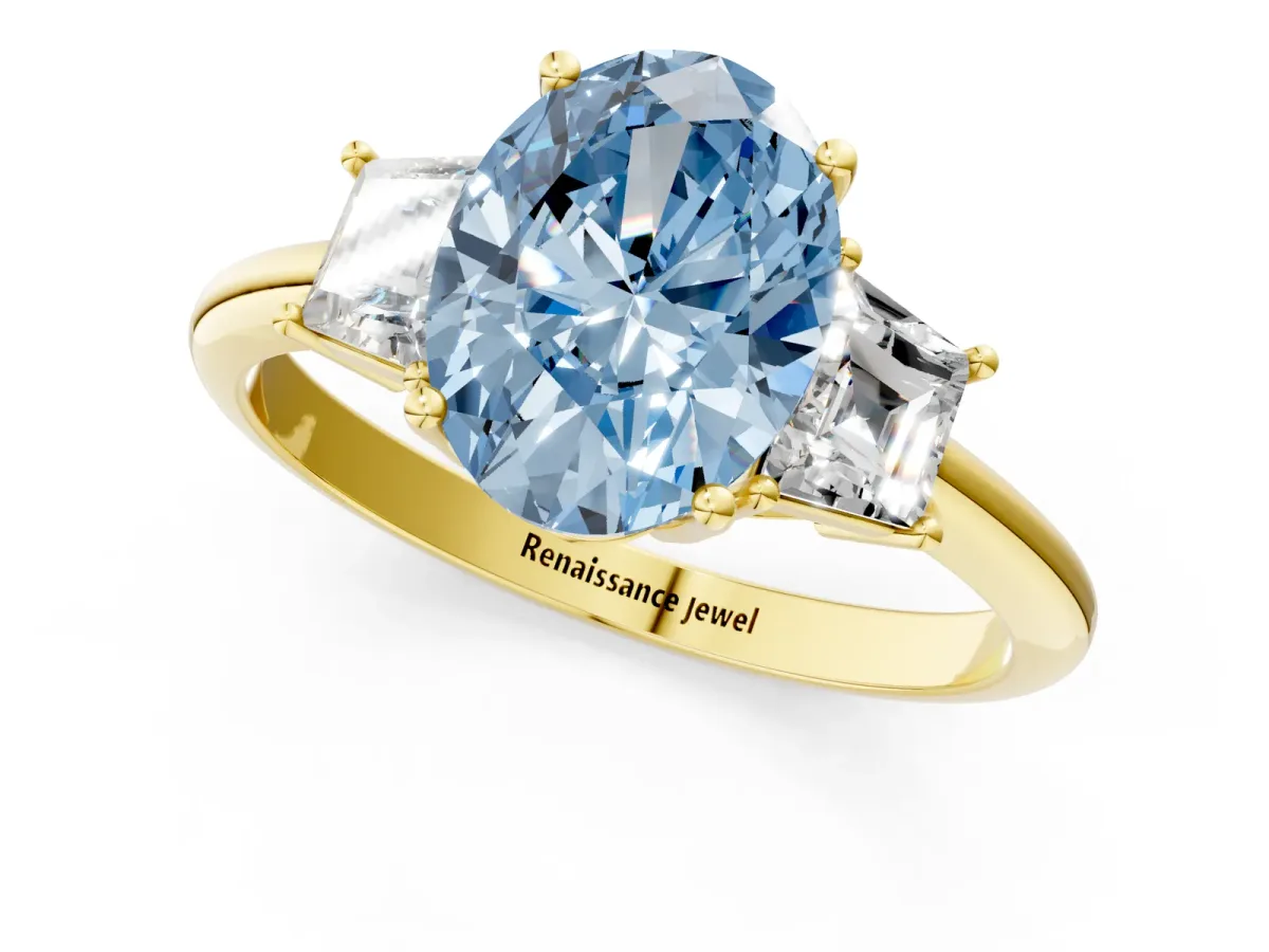 Fancy Blue Oval Cut Diamond Three-Stone Ring with Trapezoid Side Stones and Prong Setting Yellow gold