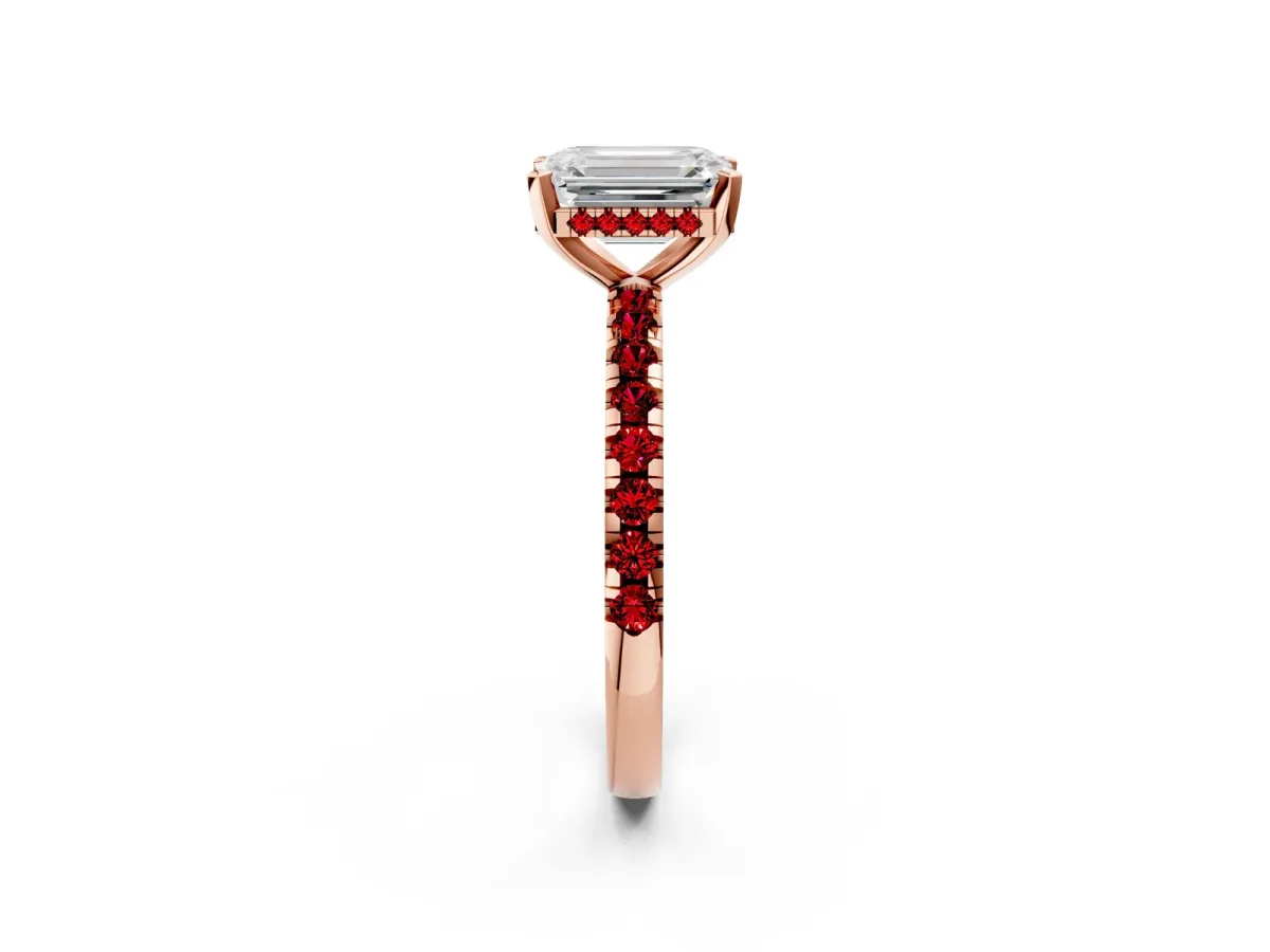 Emerald Cut Diamond Solitaire Ring with Round Ruby Pavé Band and Four-Prong Setting Rose gold