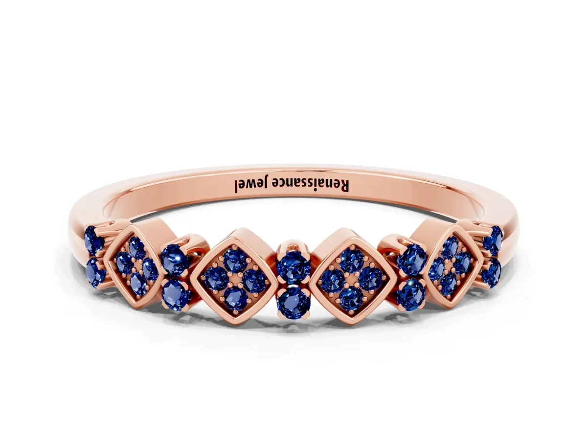 Pavé Cushion Blue Sapphire Cluster Eternity Band with Prong Setting Rose gold