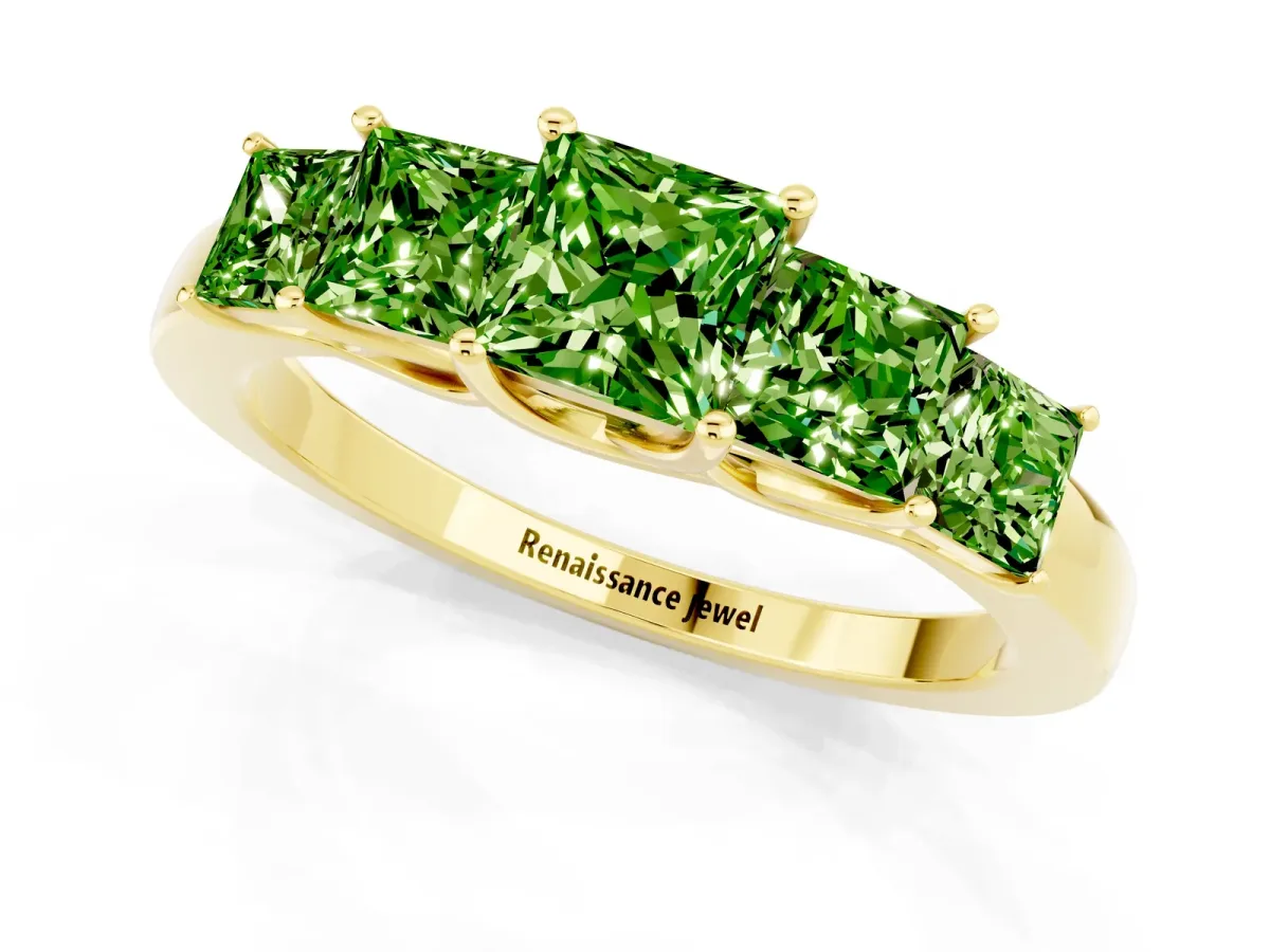 Princess Cut Five-Stone Peridot Ring with Classic Prong Setting Yellow gold