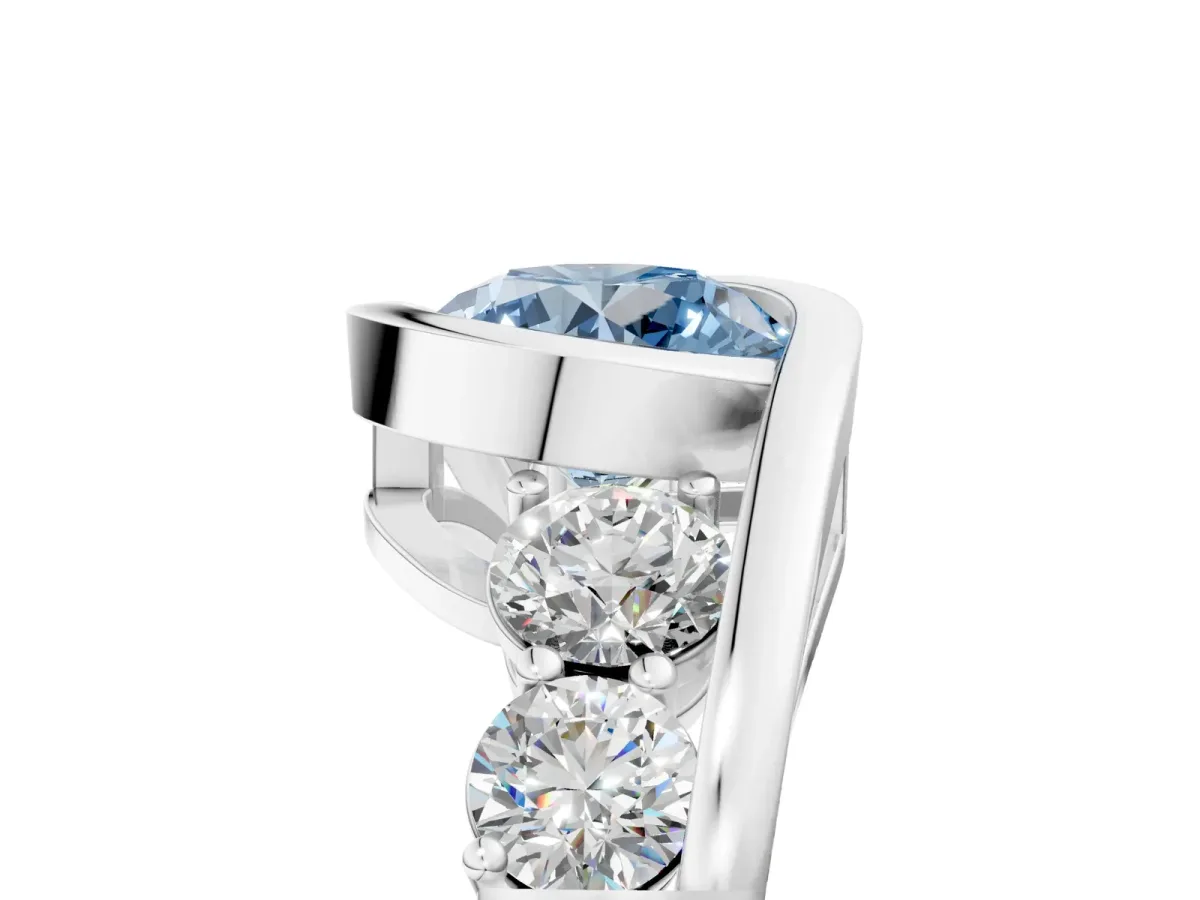 Fancy Blue Bezel Set Round Cut Diamond Bypass Ring with Round Accents Silver