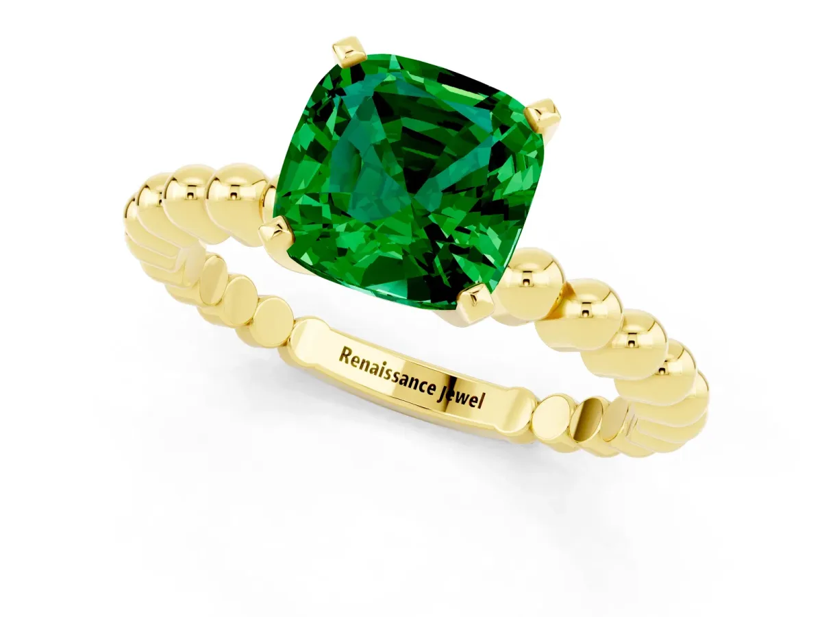 Cushion Cut Emerald Solitaire Ring with Beaded Band and Prong Setting Yellow gold