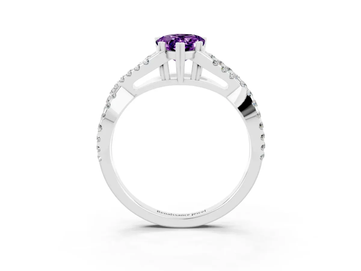 Pear Cut Amethyst Solitaire Ring with Four-Prong Setting and Twisted Pavé Band Platinum
