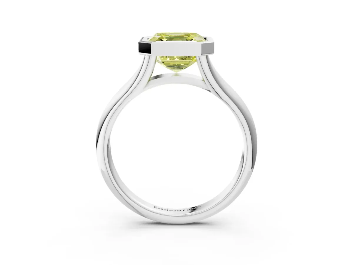Fancy Yellow Bezel Set Asscher Cut Solitaire Diamond Ring with Smooth Band Platinum