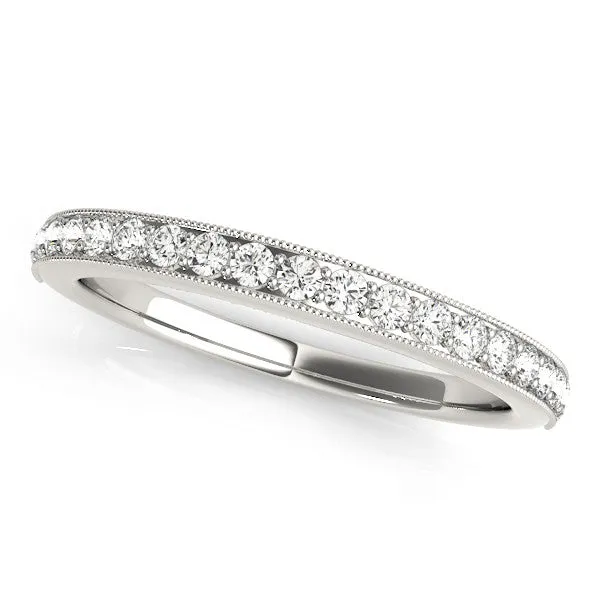 Round Diamond Pavé Set Milgrain Wedding Band Silver