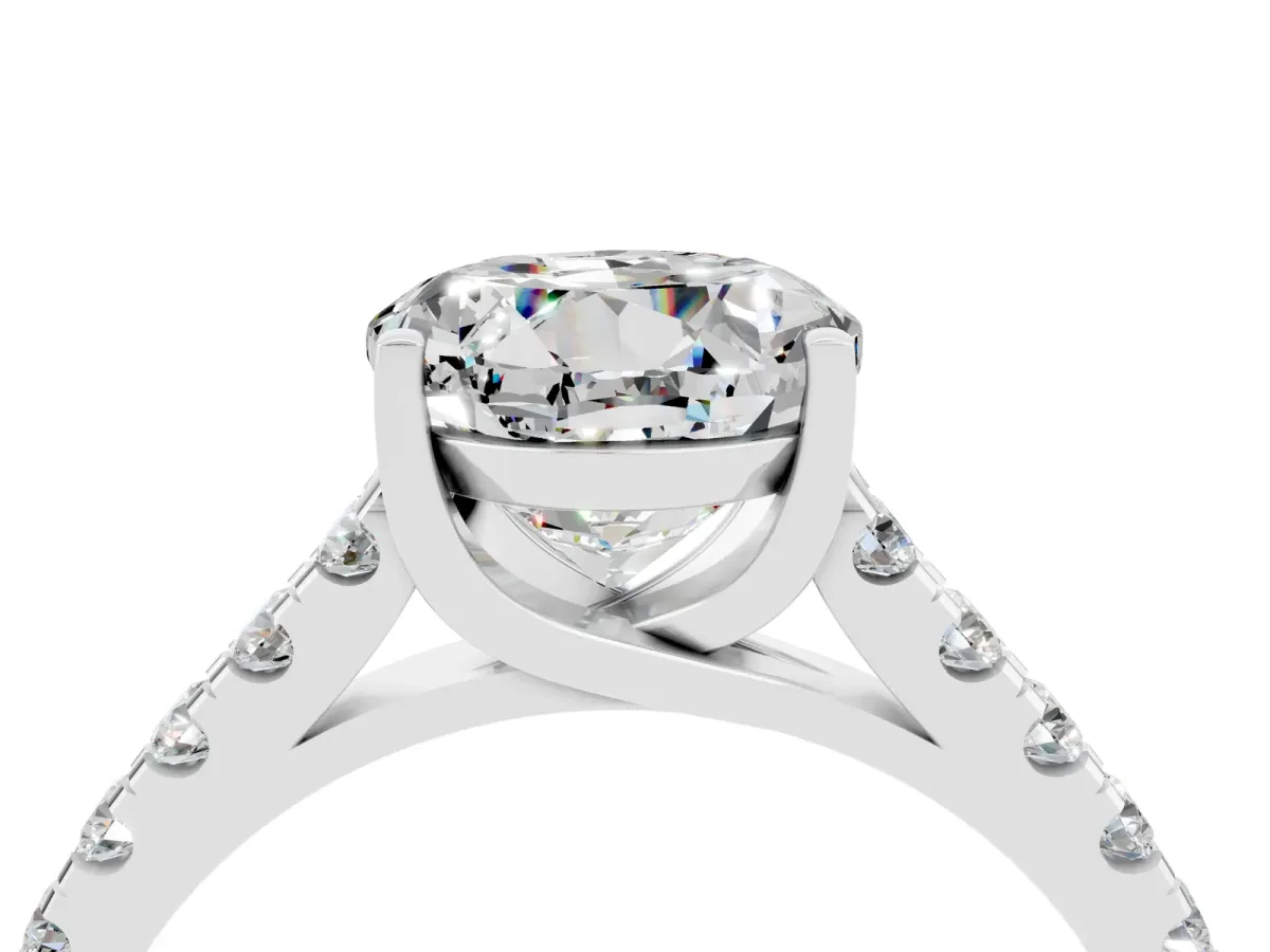 Round Cut Moissanite Pavé Band Solitaire Ring with Prong Setting White gold
