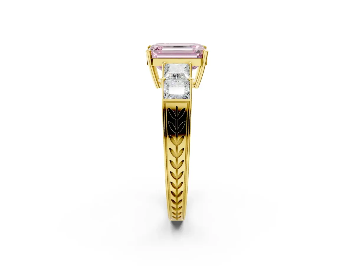 Fancy Pink Emerald Cut Solitaire Princess Side Stone Engraved Band Prong Setting Ring Yellow gold