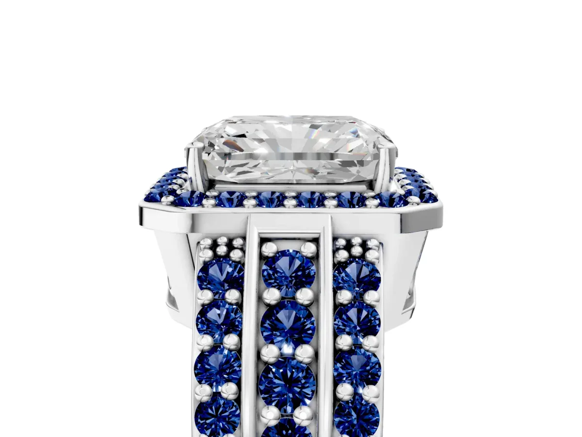 Radiant Cut Halo Diamond Ring with Round Blue Sapphire Split Shank and Prong Setting Silver