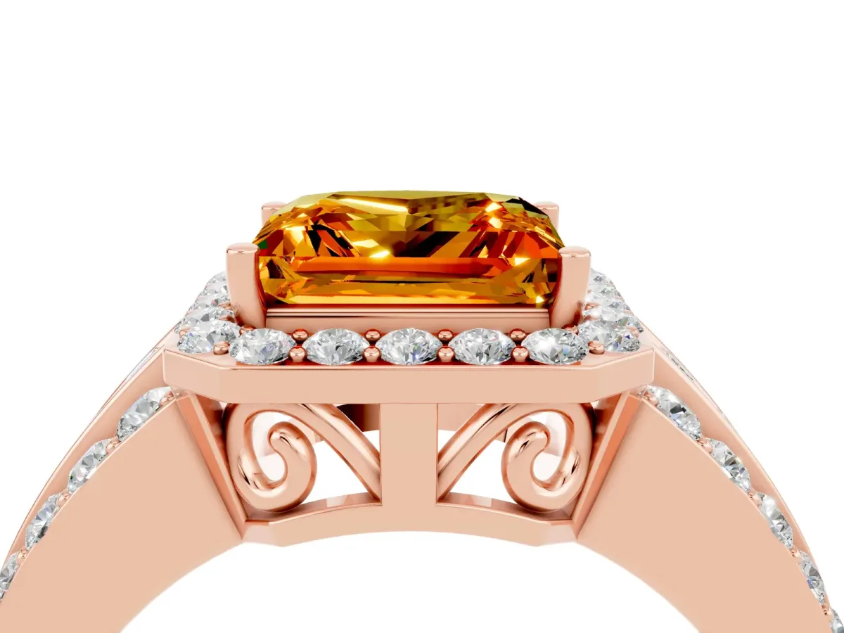 Princess Cut Halo Citrine Ring with Round Split Shank and Prong Setting Rose gold