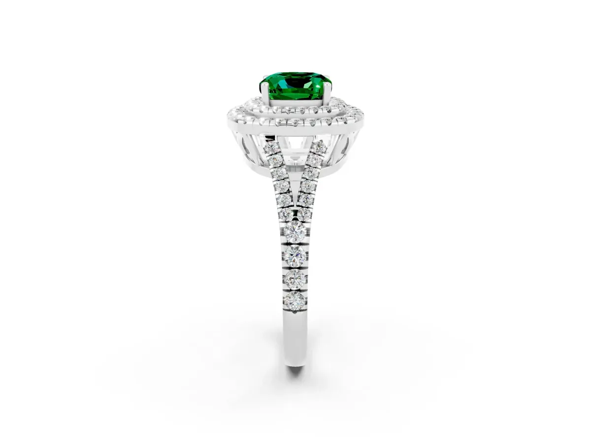 Cushion Cut Emerald Double Halo Ring with Pavé Band and Prong Setting Platinum