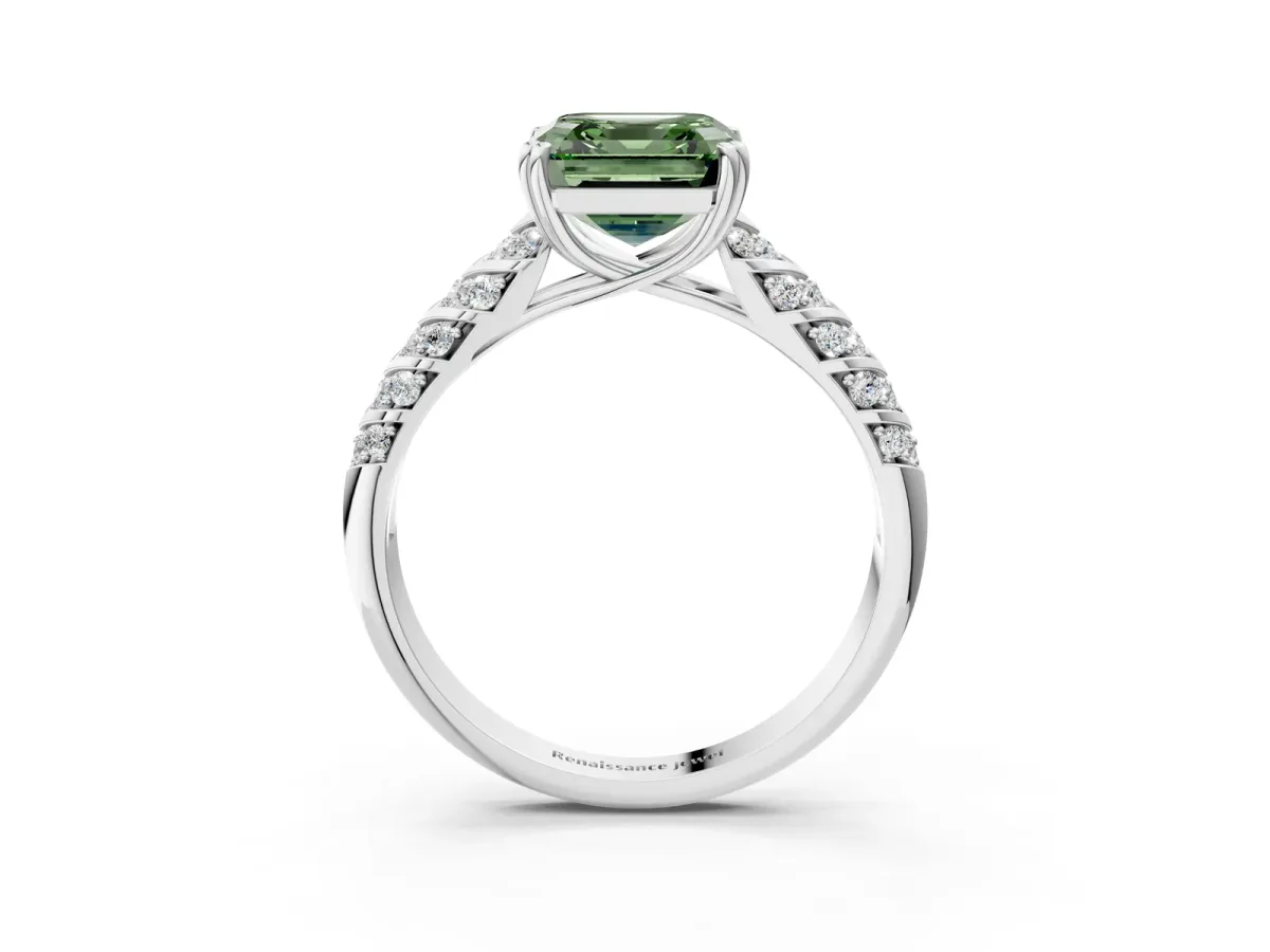 Fancy Green Asscher Cut Solitaire Chevron Pave Diamond Engagement Ring with Six-Prong Setting Platinum