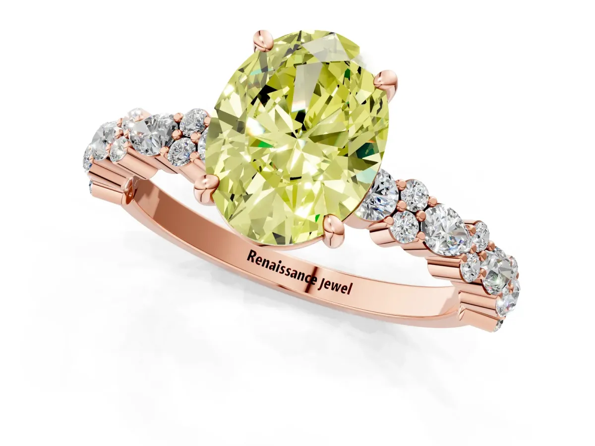 Fancy Yellow Oval Cut Diamond Side Stone Solitaire Ring with Round and Four-Prong Setting Rose gold