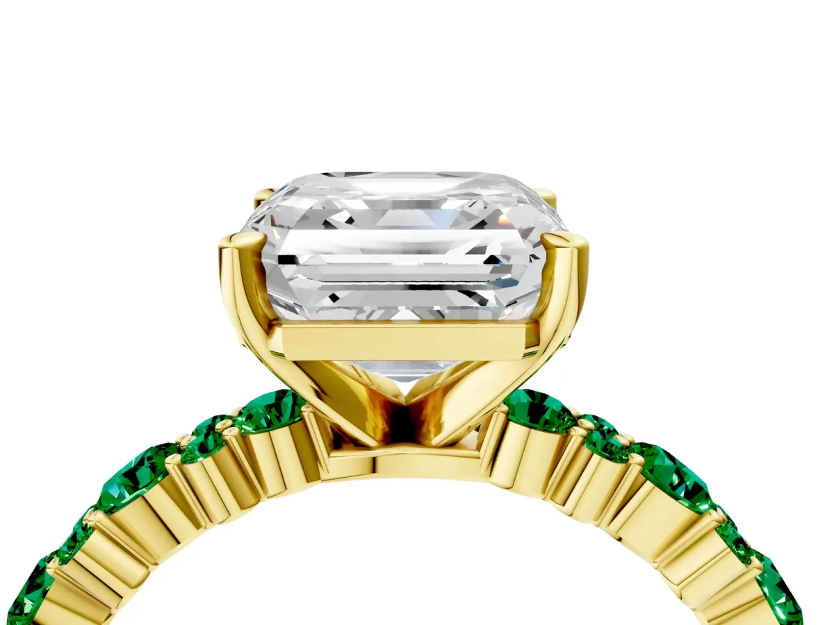 Asscher Cut Diamond Side Stone Solitaire Ring with Round Emerald and Four-Prong Setting Yellow gold