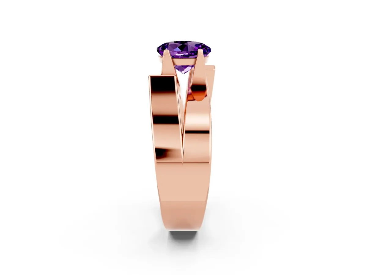 Modern Tension Set Round Cut Amethyst Solitaire Wide Band Ring Rose gold