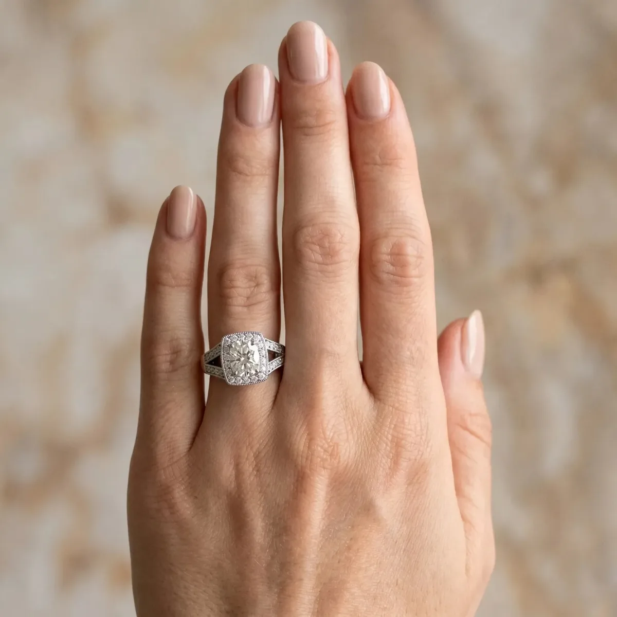 Oval Cut Halo Split Shank Diamond Ring with Milgrain Prong Setting Platinum