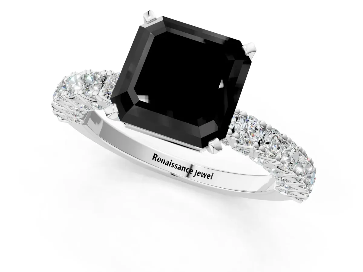 Fancy Black Asscher Cut Diamond Solitaire Ring with Round Accent Pavé Band and Prong Setting Platinum