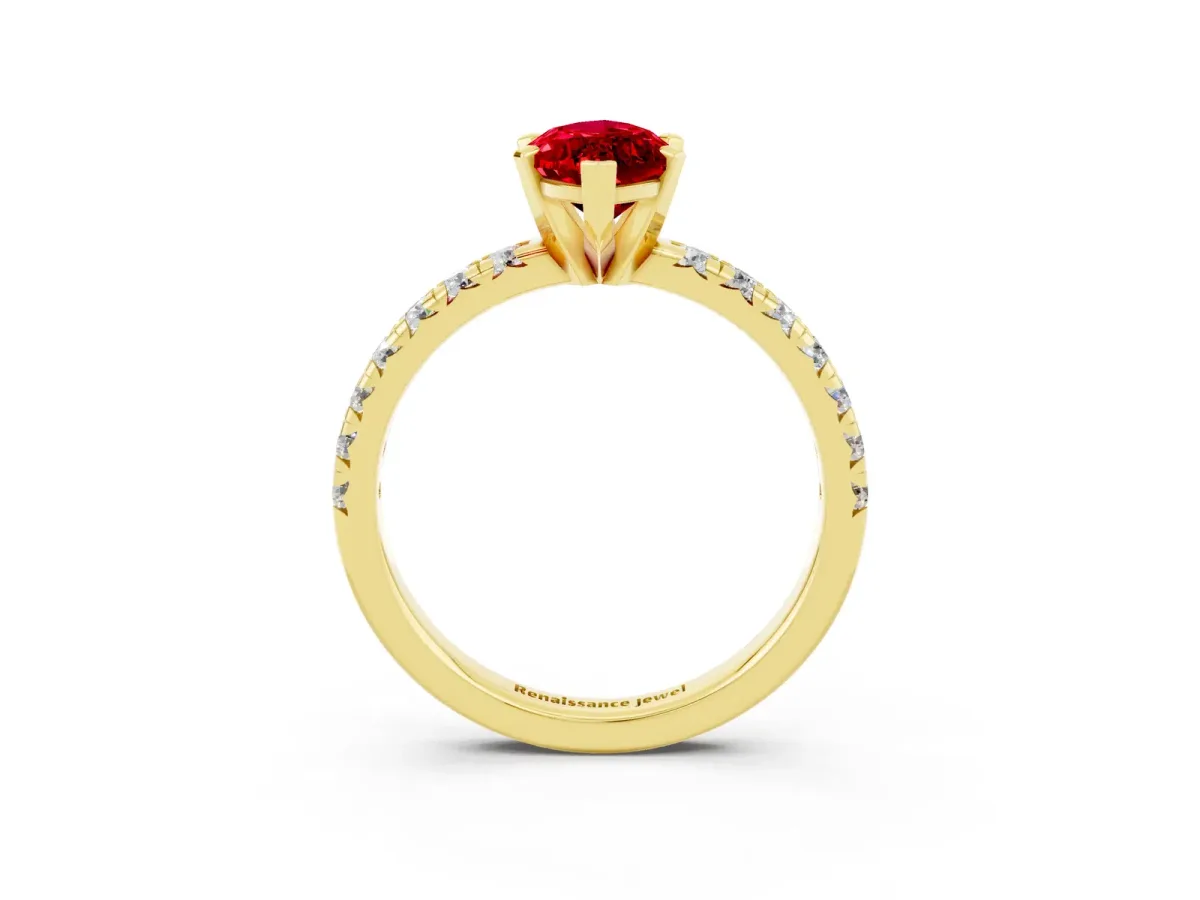 Marquise Cut Ruby Solitaire Pavé Engagement Ring with Round Band and Prong Setting Yellow gold