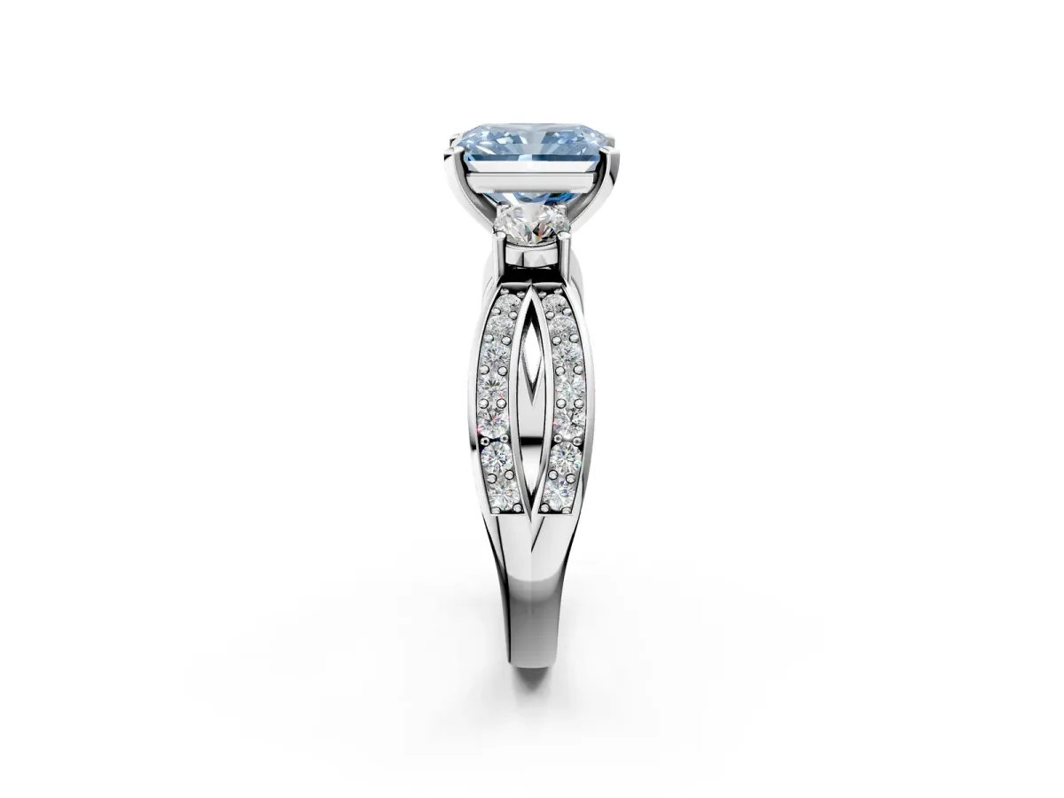 Fancy Blue Three-Stone Radiant Cut Cut Diamond Twist Band with Prong Setting Platinum