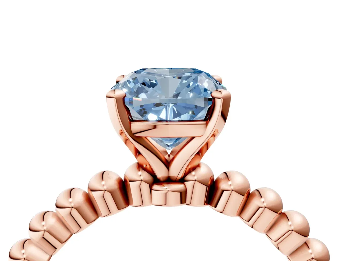 Fancy Blue Cushion Cut Diamond Solitaire Ring with Beaded Band and Prong Setting Rose gold