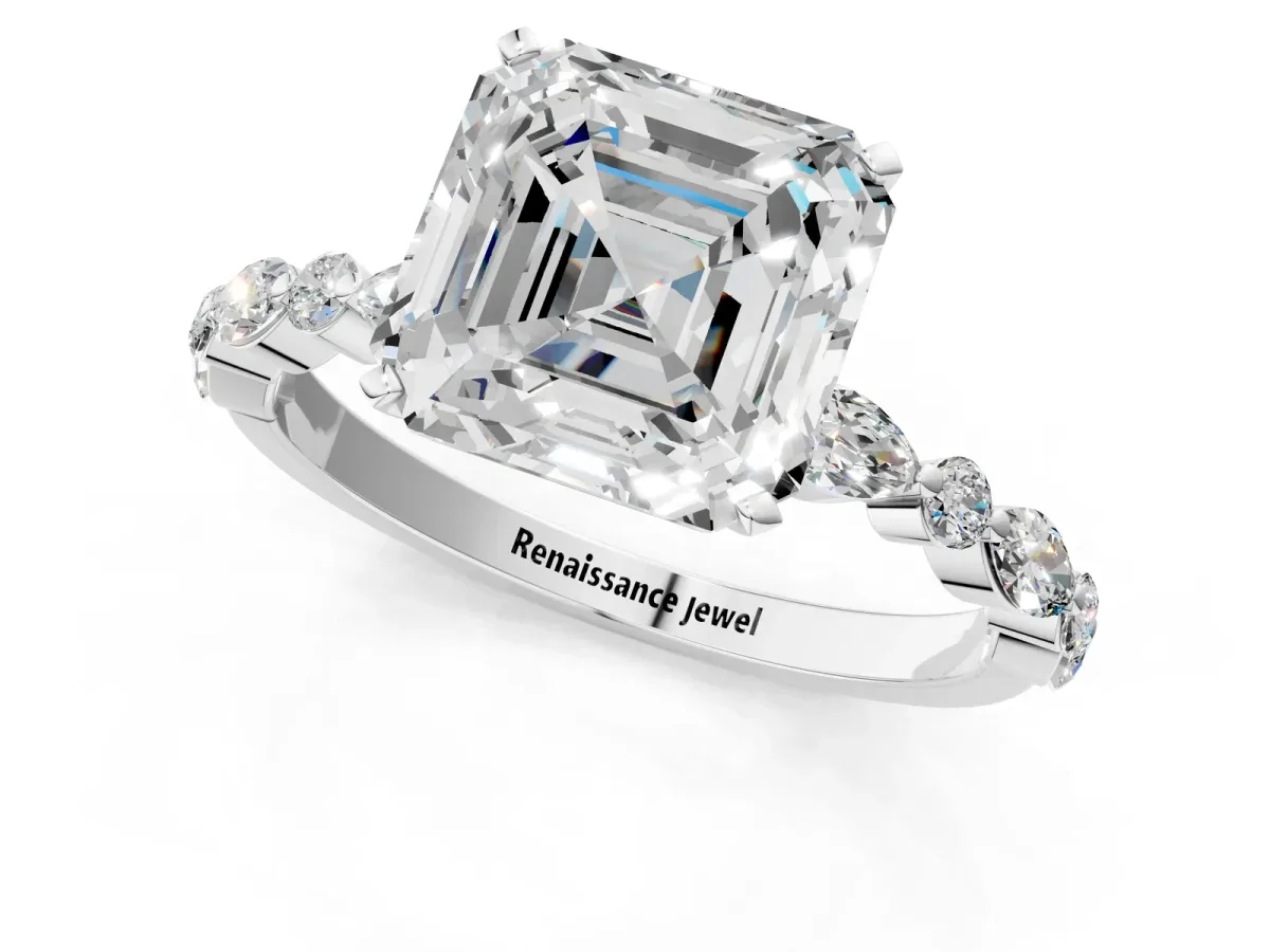 Asscher Cut Diamond Ring with Marquise and Round Side Stones and Four-Prong Setting Silver