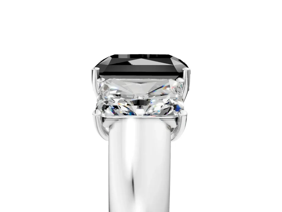 Fancy Black Three-Stone Radiant Cut Cut Diamond Ring with Prong Setting and Classic Band Platinum